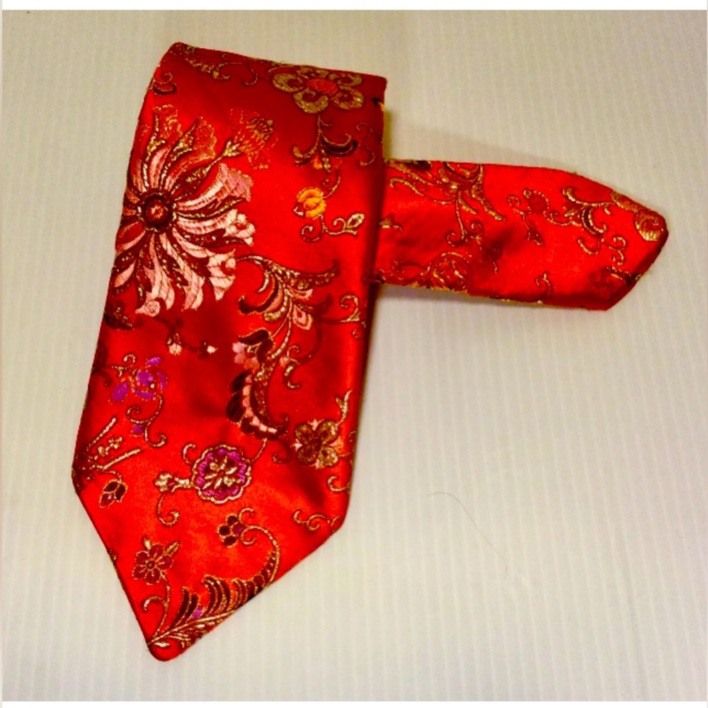 Christmas Silk Tie 100% Silk Classic Red Gold Embroidery Handmade USA Gift - Picture 6 of 6